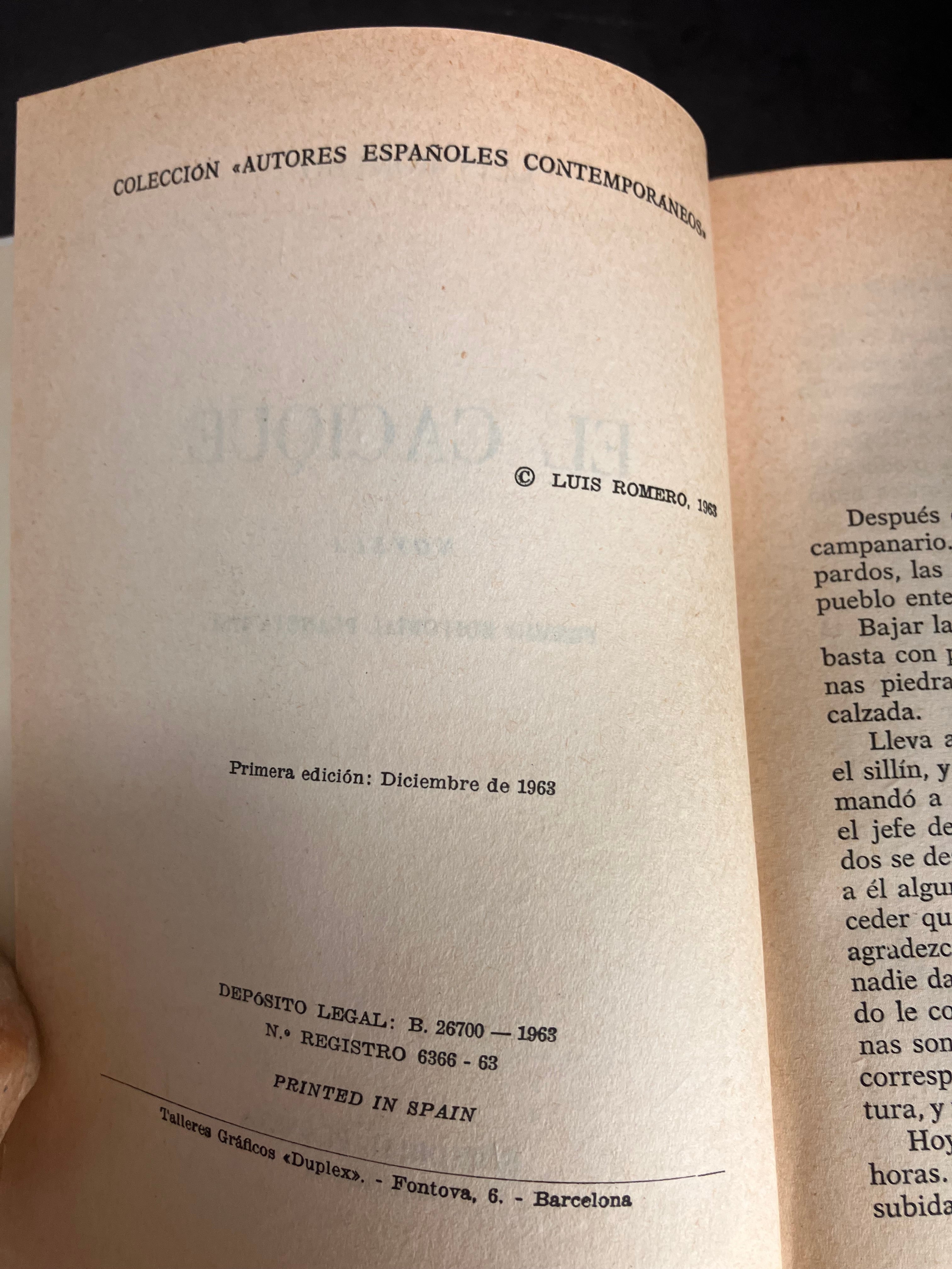 Luis Romero – El Cacique (1ʳᵉ édition, 1963 – Editorial Planeta)