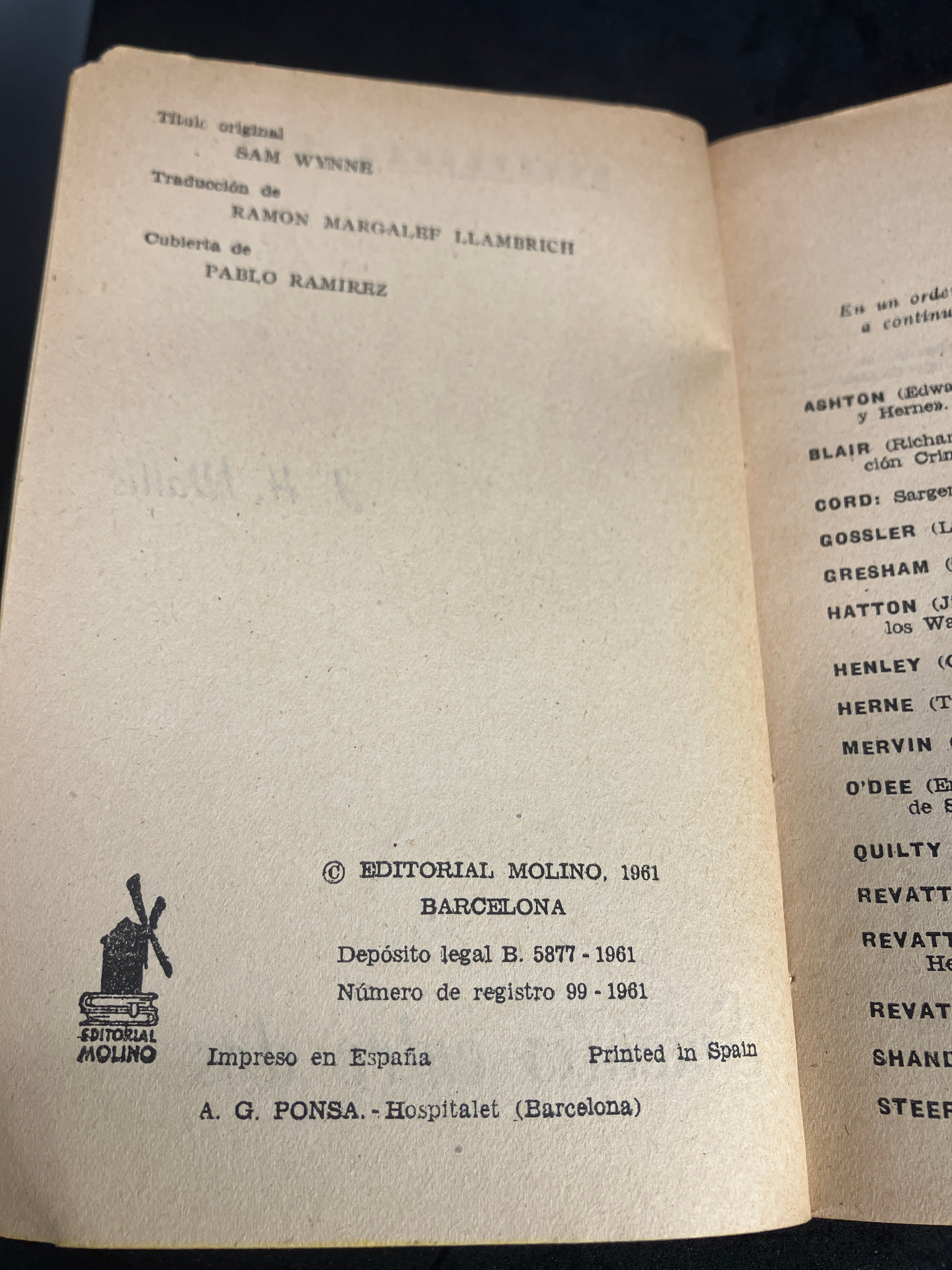 Suicidio entre dos – J. H. Wallis (Editorial Molino, Biblioteca Oro, 1961, trad. Ramon Margalef Llambrich, couv. Pablo Ramírez)
