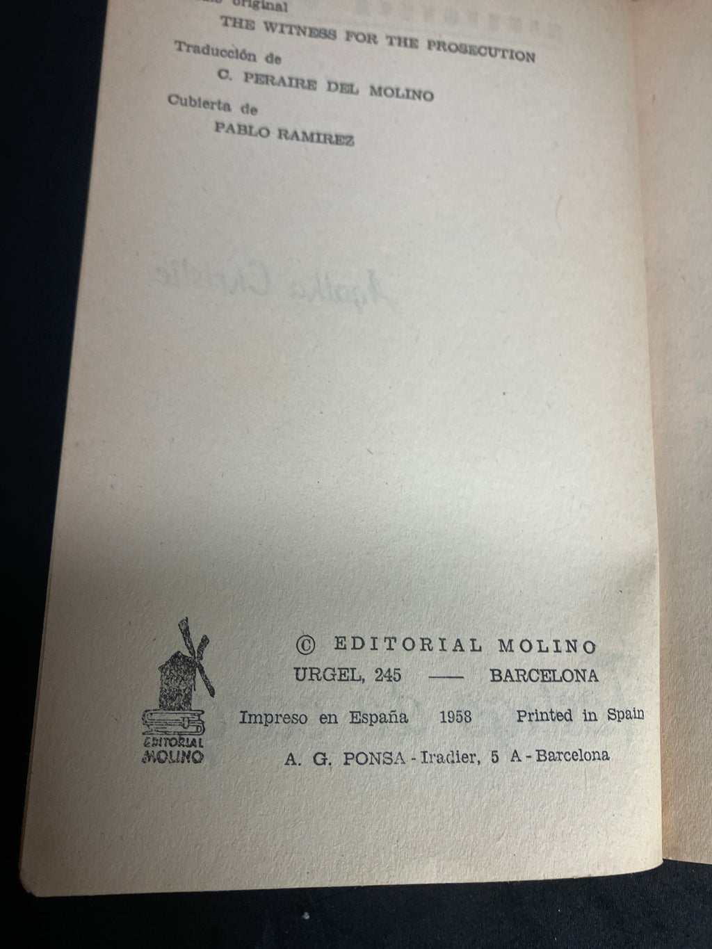 Testigo de cargo – Agatha Christie (Editorial Molino, Biblioteca Oro, 1958, trad. C. Peraire del Molino, couv. Pablo Ramírez)