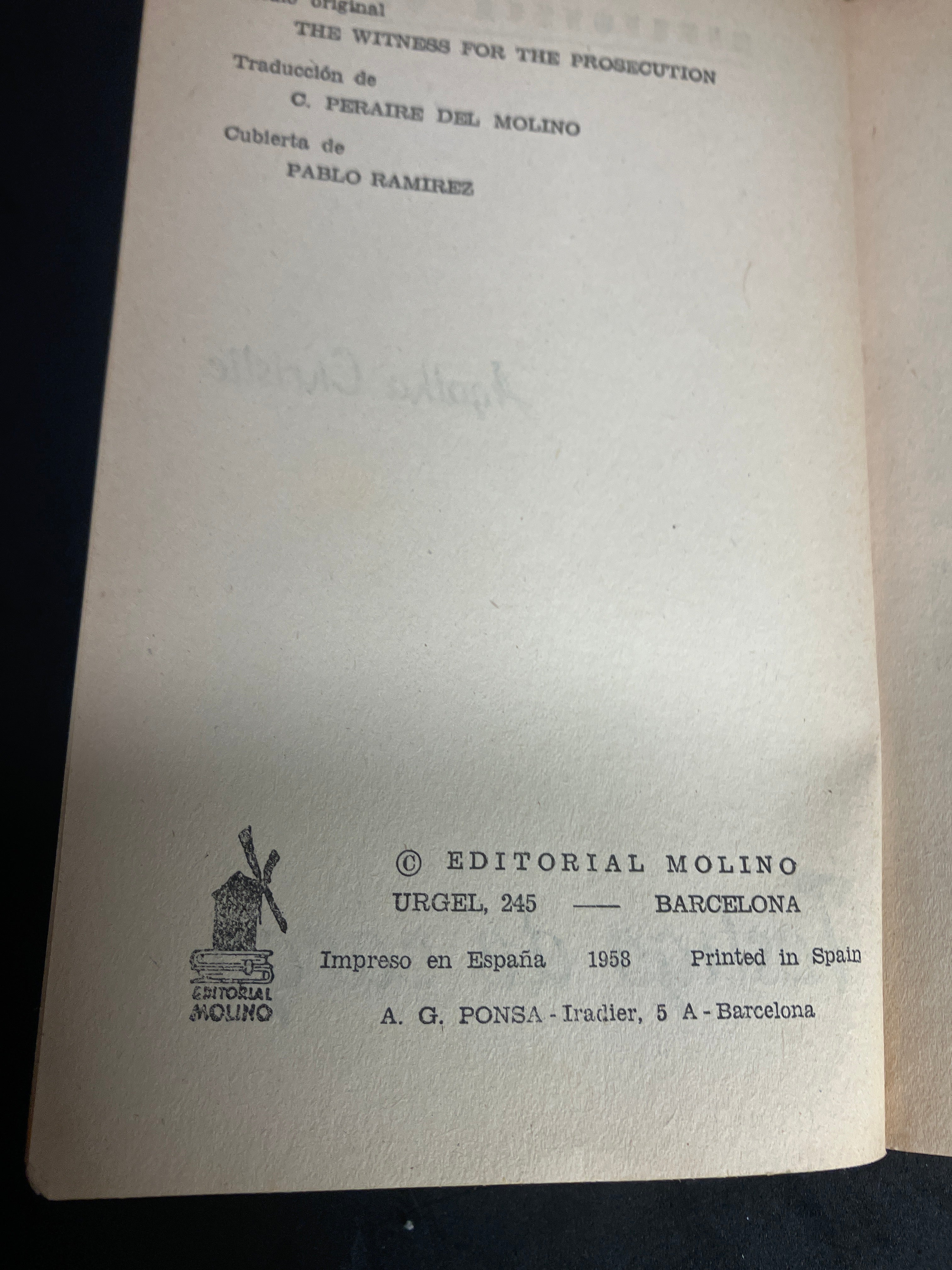 Testigo de cargo – Agatha Christie (Editorial Molino, Biblioteca Oro, 1958, trad. C. Peraire del Molino, couv. Pablo Ramírez)