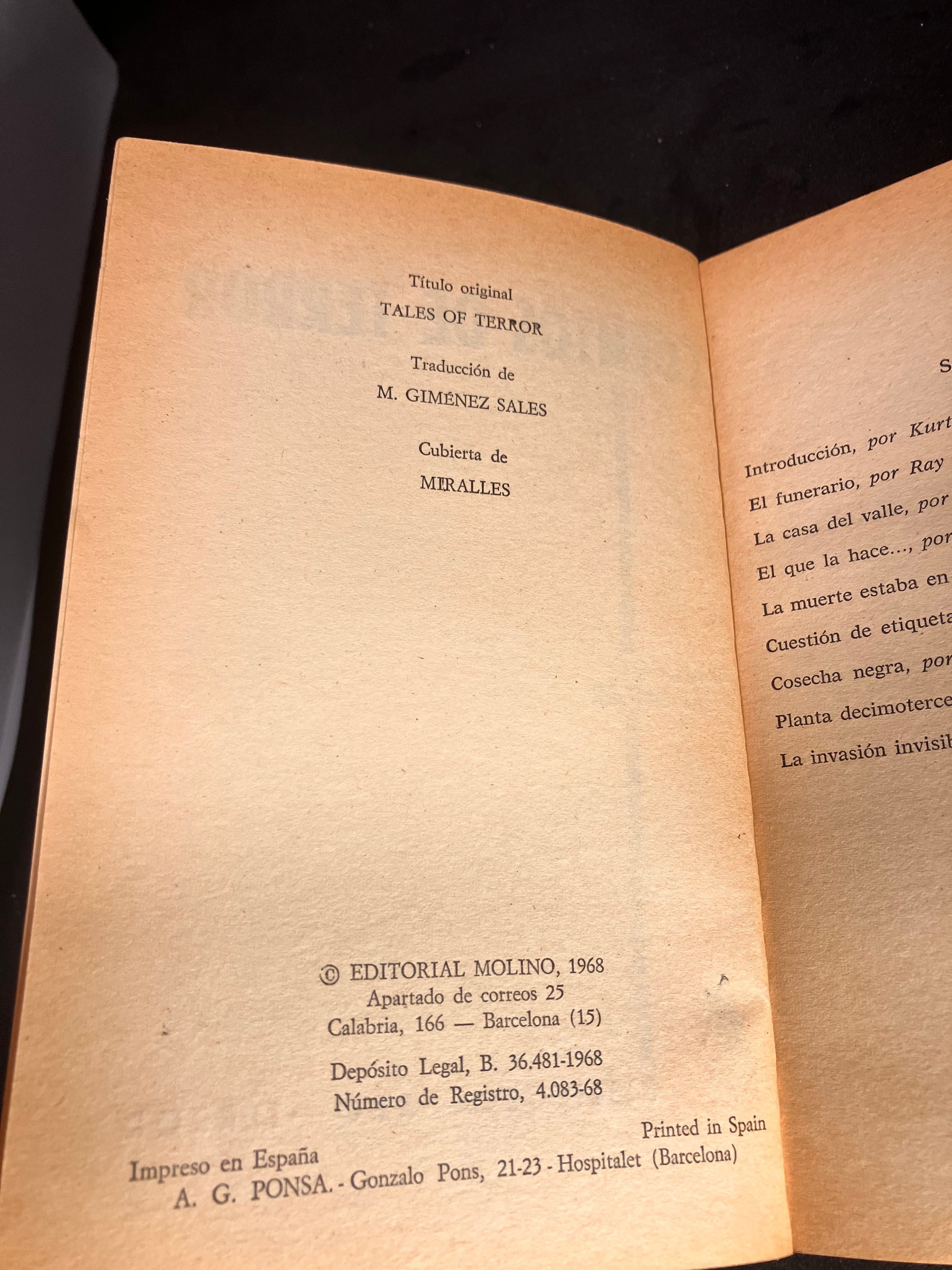 Contes de terreur – Anthologie (Kurt Singer, recueil) — Editorial Molino, Biblioteca Oro – Terror, 1968 (trad. M. Giménez Sales, couv. Miralles)