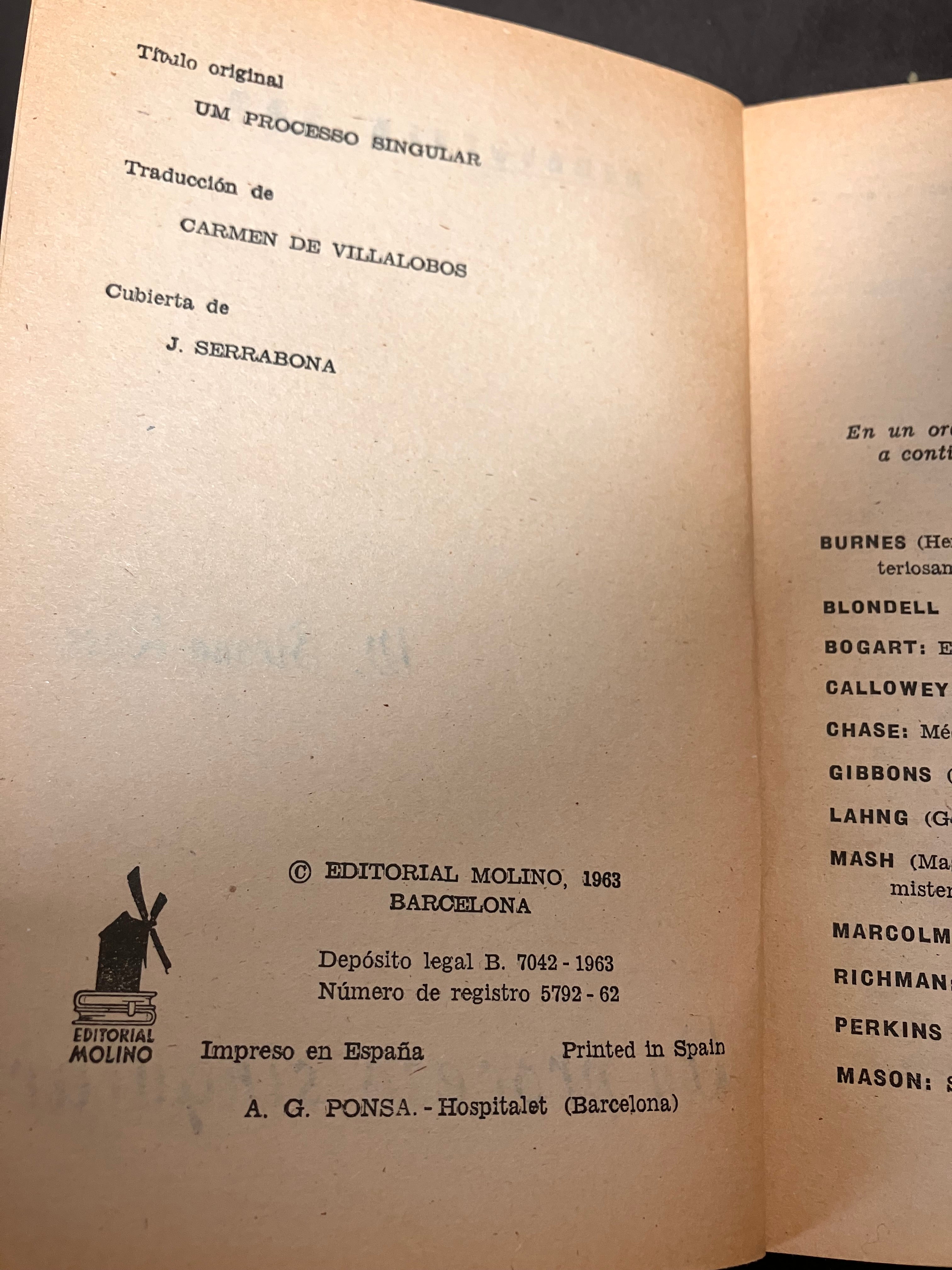 Un proceso singular – W. Strong Roos (Editorial Molino, Biblioteca Oro, 1963, trad. Carmen de Villalobos, couv. J. Serrabona)