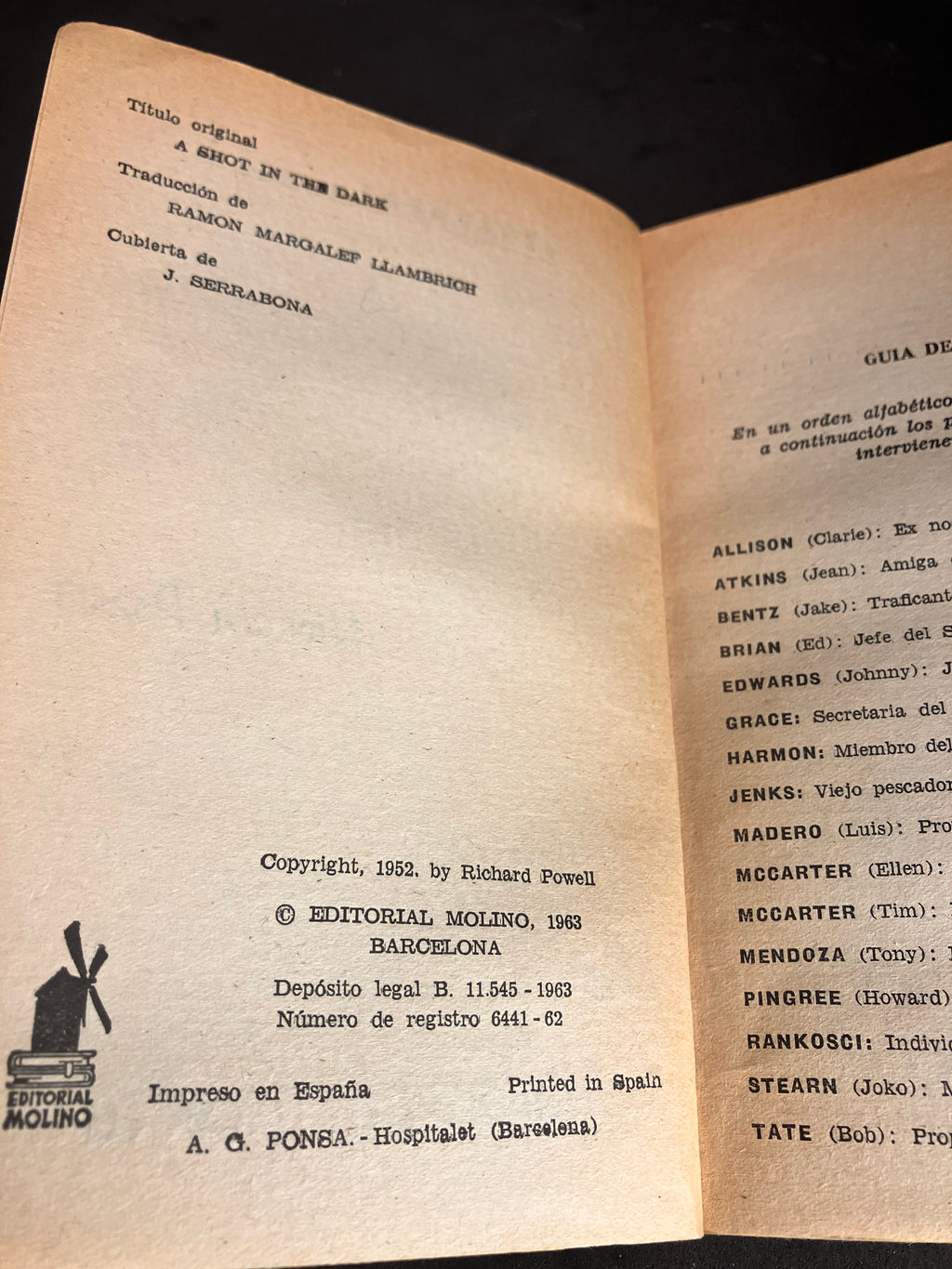 Un disparo en la oscuridad – Richard Powell (Editorial Molino, Biblioteca Oro, 1963, trad. Ramon Margalef Llambrich, couv. J. Serrabona)