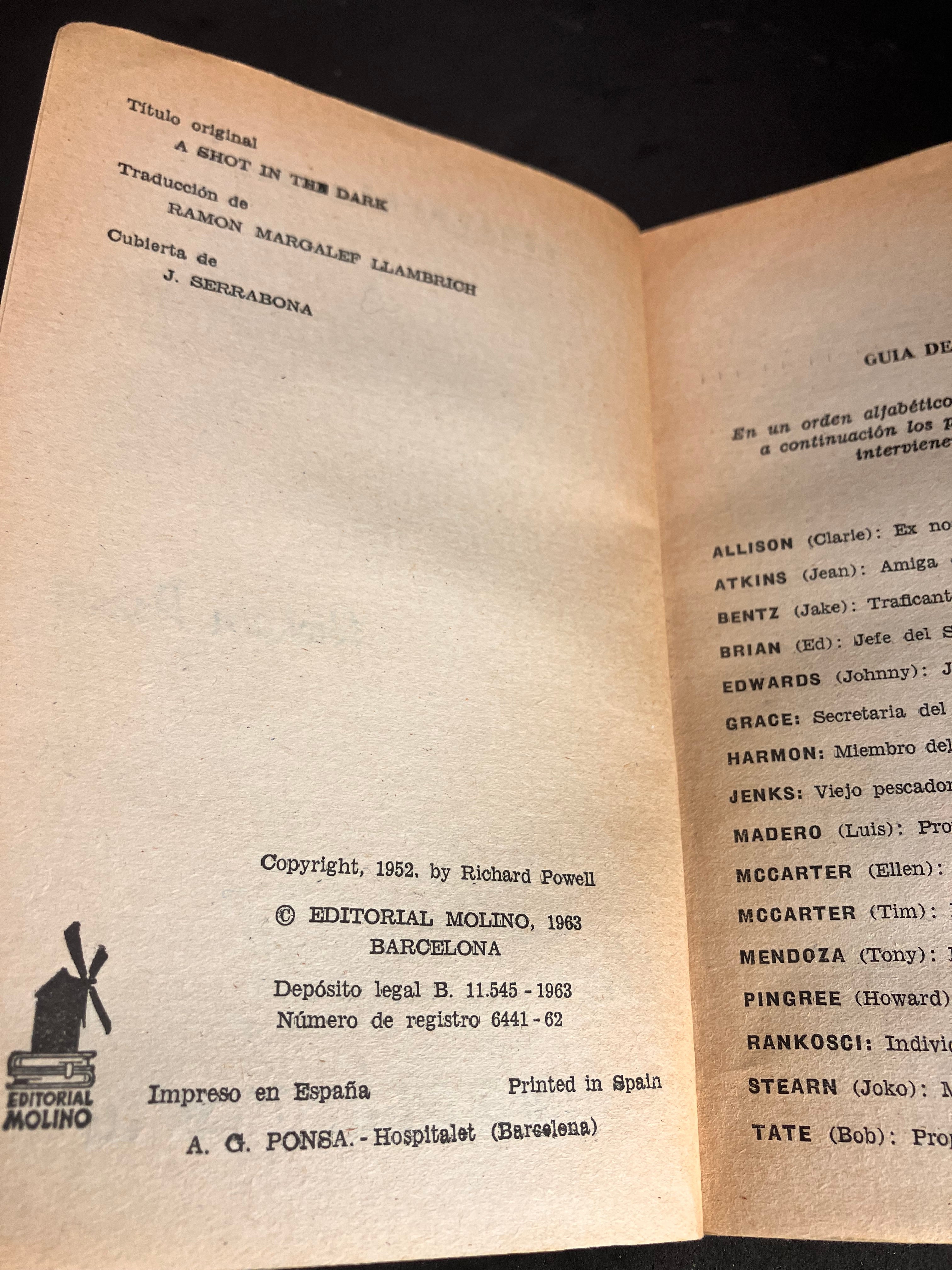Un disparo en la oscuridad – Richard Powell (Editorial Molino, Biblioteca Oro, 1963, trad. Ramon Margalef Llambrich, couv. J. Serrabona)