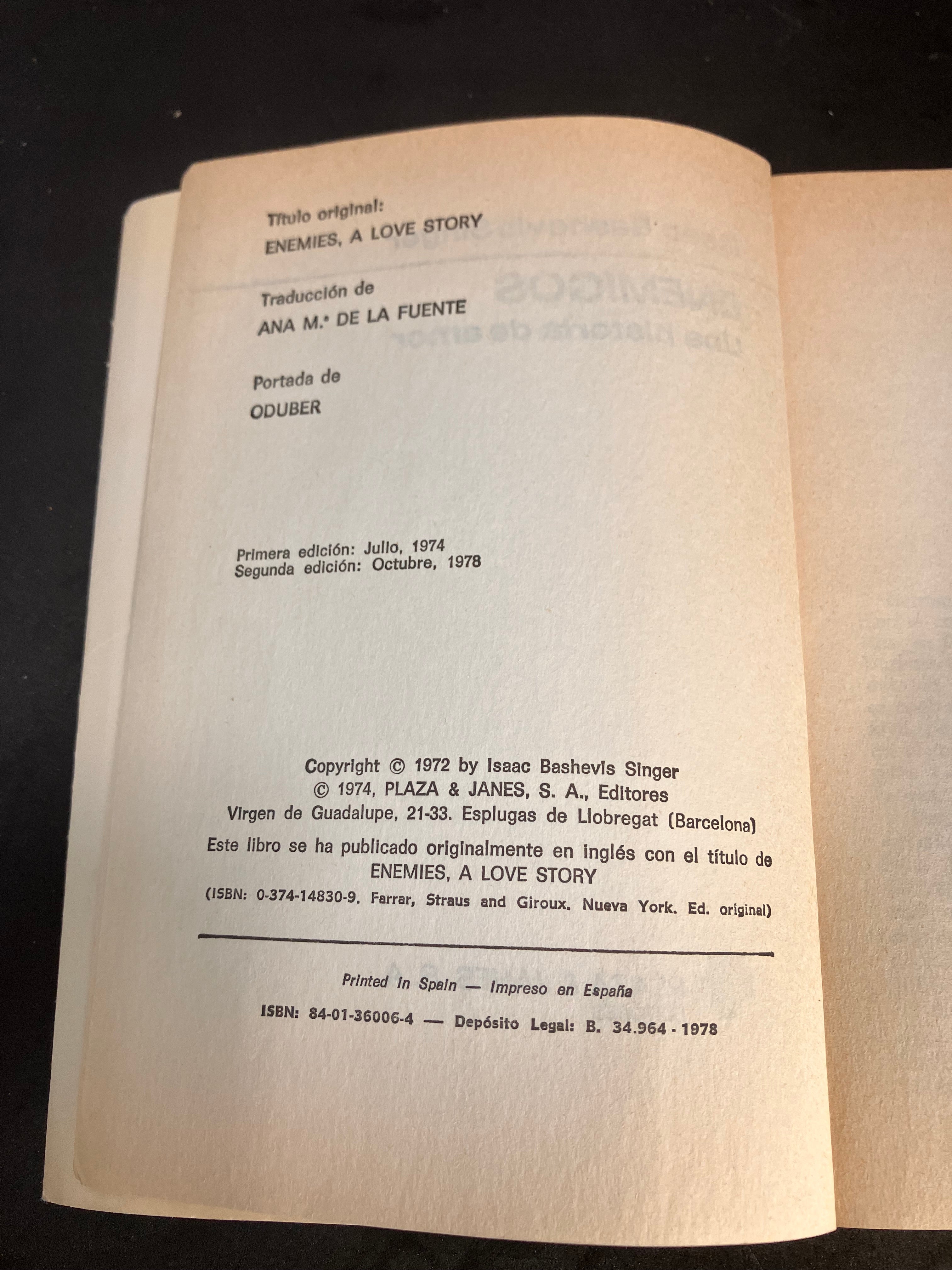 Enemigos: Una historia de amor – Isaac Bashevis Singer (Plaza & Janés, 1978, 2ª edición en español)