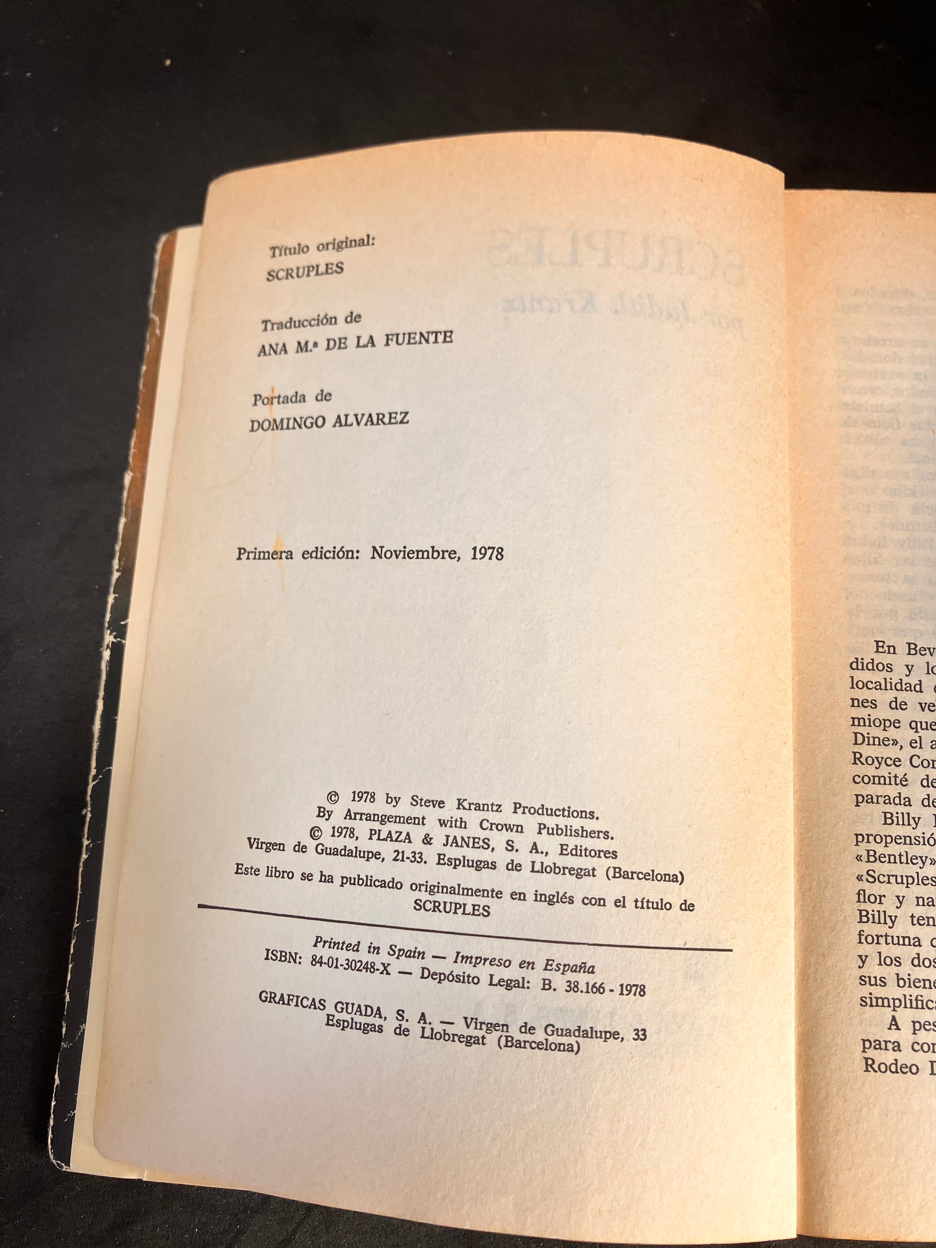 Scruples – Judith Krantz (Plaza & Janés, 1ª edición en español, 1978)