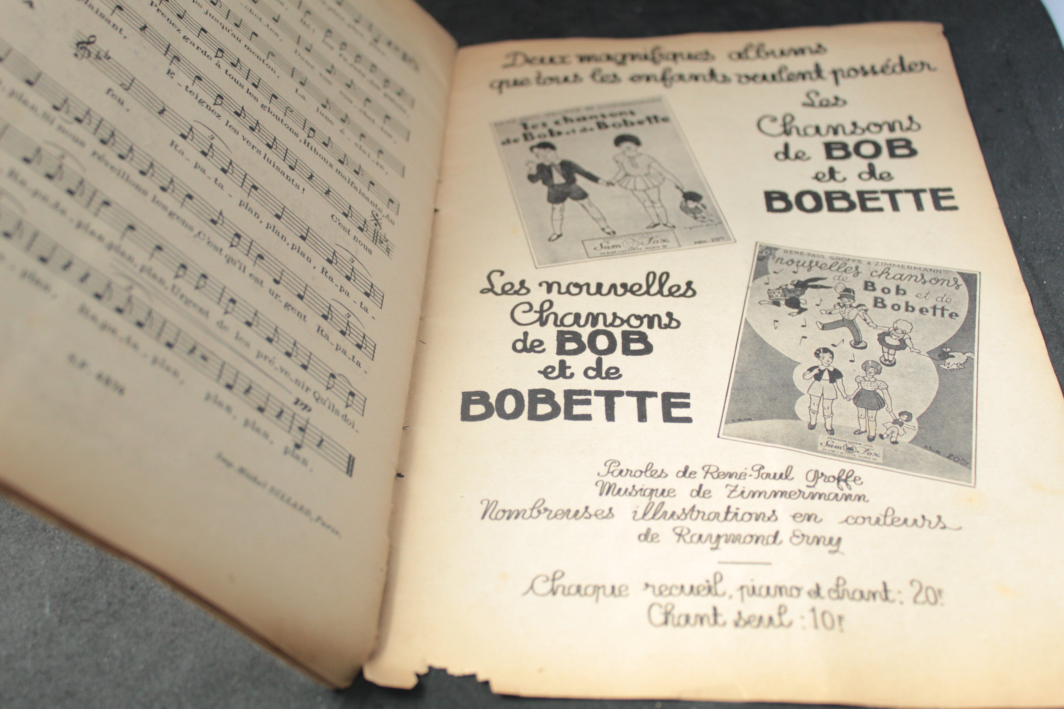 Lot de 2 partitions anciennes avec solfège – Violettes Impériales (1948, Vincent Scotto) & Les chansons de Bob et Bobette (1938)