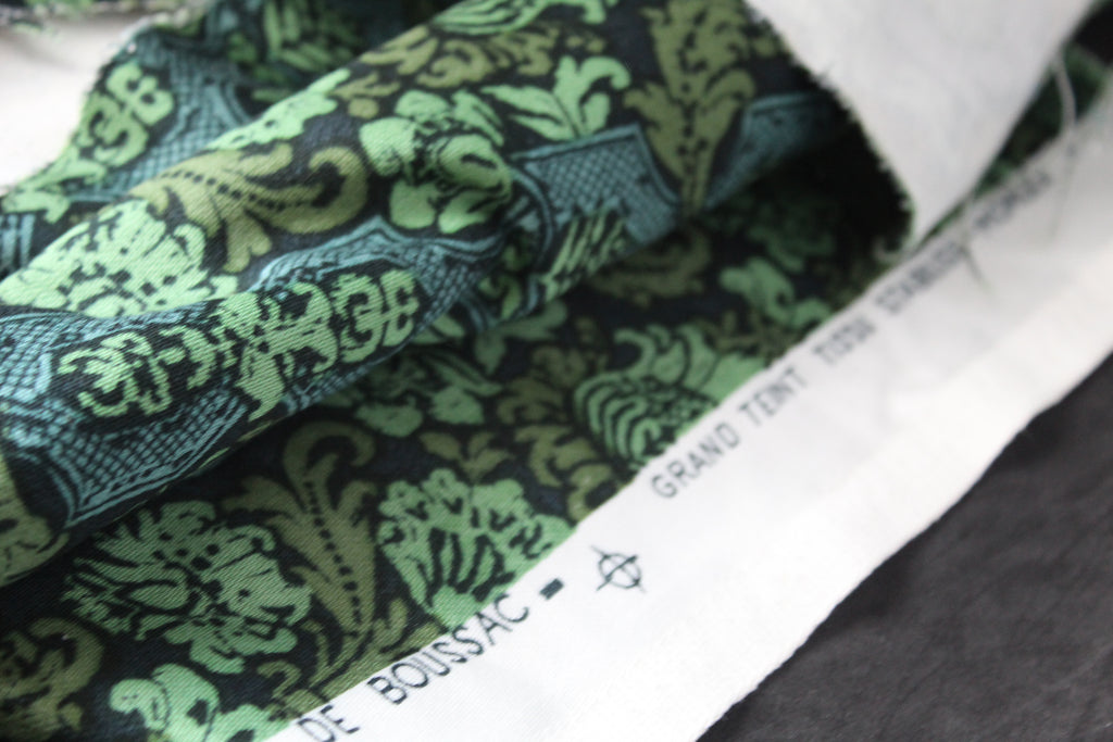 Lot de 3 chutes de tissu vintage Romanex Boussac – Comptoir de l’Industrie Textile de France – Motif baroque vert