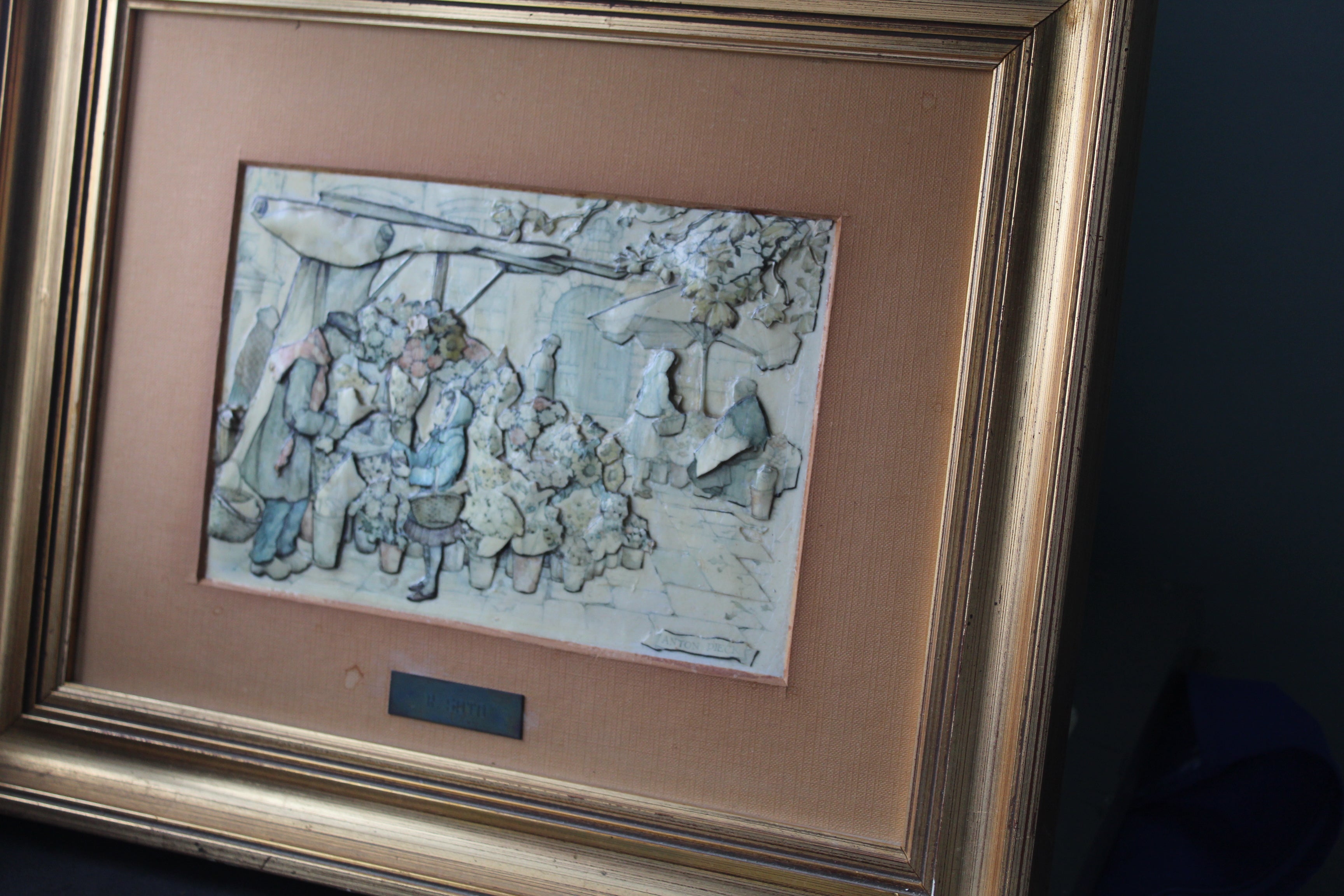 Tableau en Relief – Technique Papier Sculpté 3D – Scène de Marché aux Fleurs