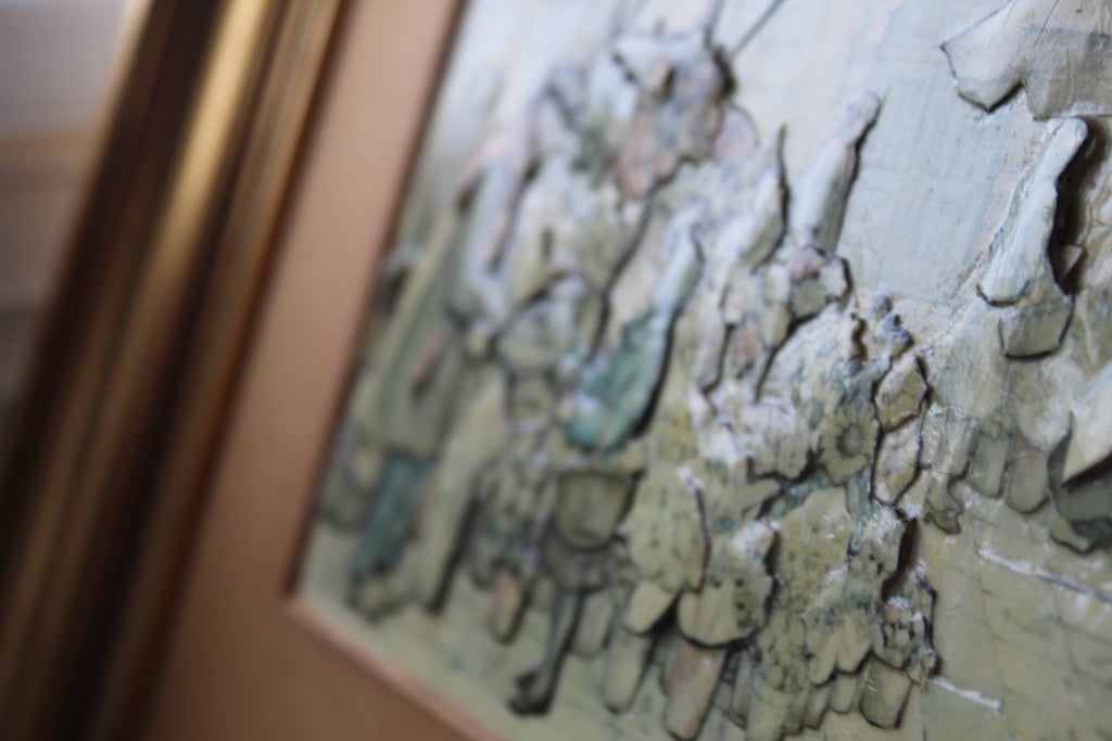 Tableau en Relief – Technique Papier Sculpté 3D – Scène de Marché aux Fleurs