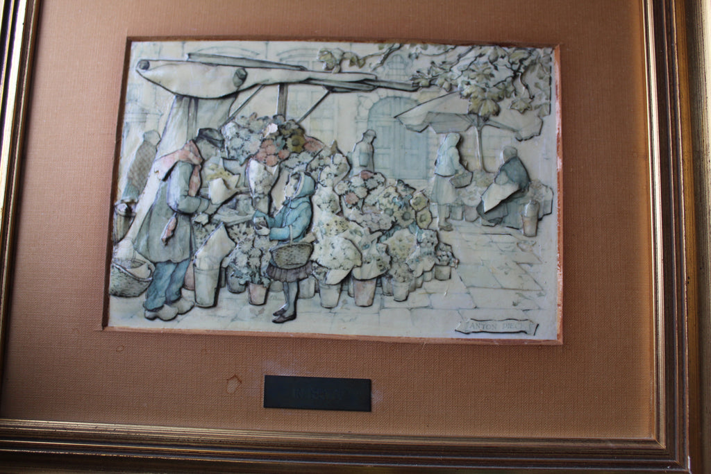 Tableau en Relief – Technique Papier Sculpté 3D – Scène de Marché aux Fleurs
